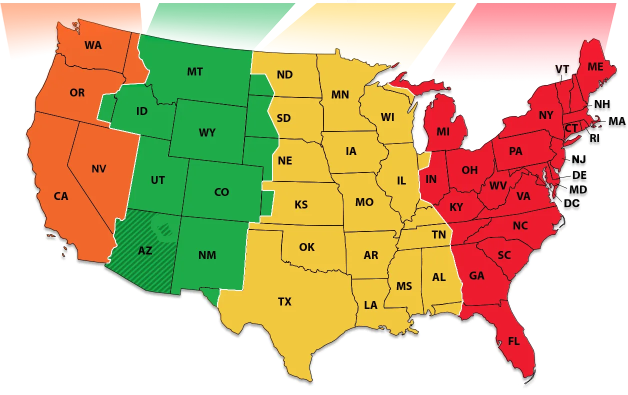 アメリカ本土の州境と時間帯を色分けした地図